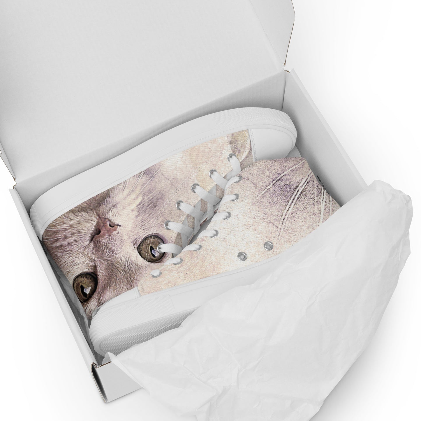 THE CAT'S MEOW  A WHITE CAT  PICTURED ON Women’s high top canvas shoes