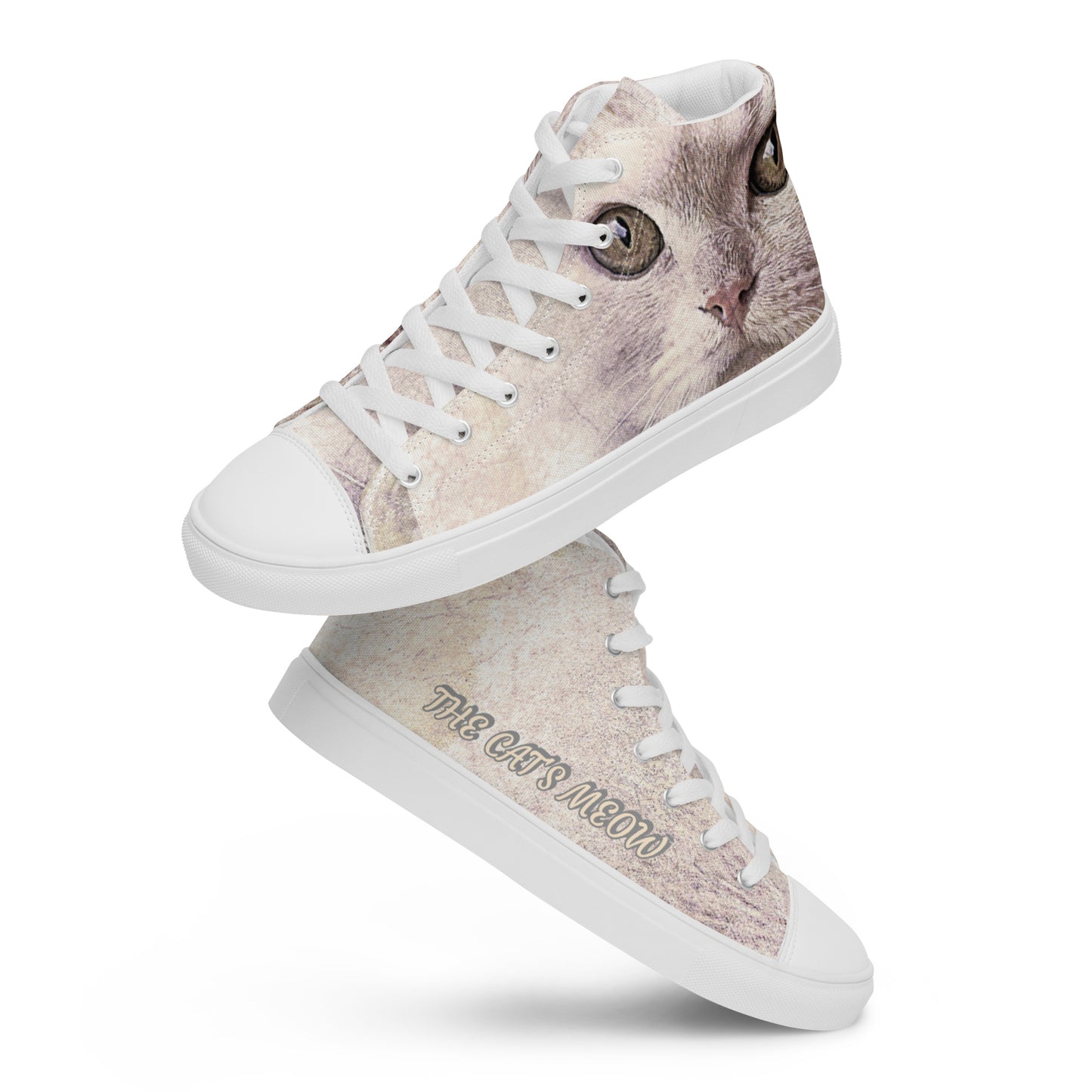 THE CAT'S MEOW  A WHITE CAT  PICTURED ON Women’s high top canvas shoes