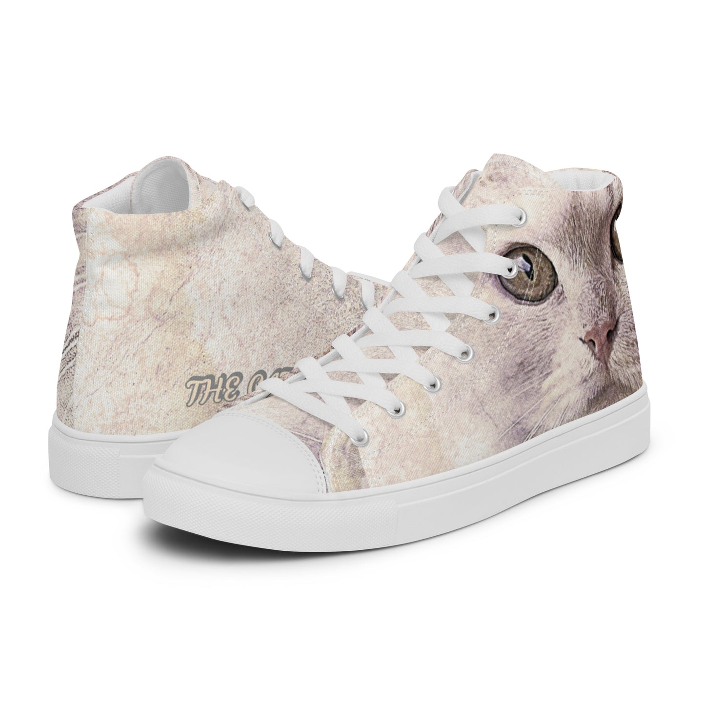 THE CAT'S MEOW  A WHITE CAT  PICTURED ON Women’s high top canvas shoes