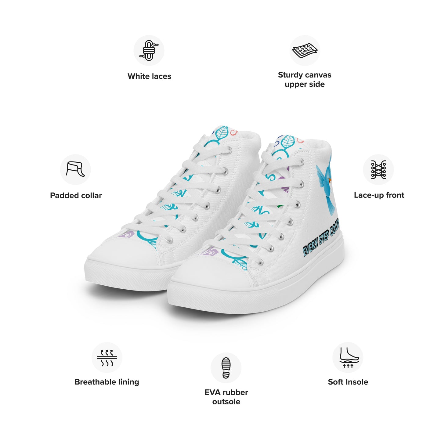 BABY BLUE BIRD EVERY STEP COUNTS  Women’s high top canvas shoes