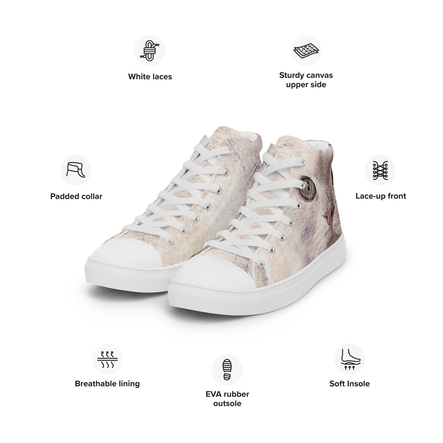 THE CAT'S MEOW  A WHITE CAT  PICTURED ON Women’s high top canvas shoes