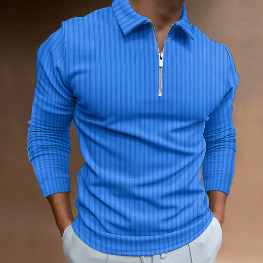 Men's solid color zipper striped long-sleeved POLO shirt