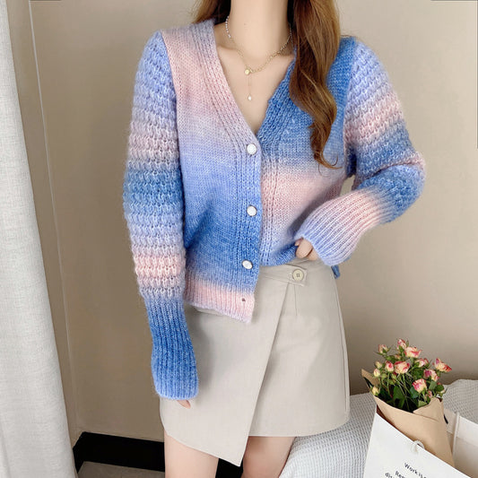 Rainbow Gradient Color Sweater Loose Lazy Long-sleeved V-neck Knit Cardigan